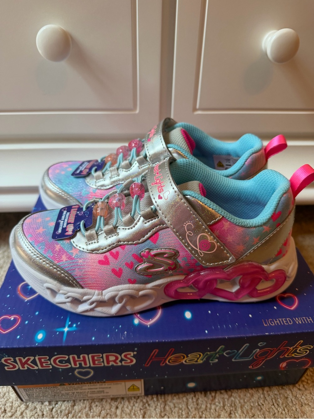 NWT Sketchers girls Heart Lights Heart Jewels size 1 pink blue sneakers shoes - Picture 9 of 9